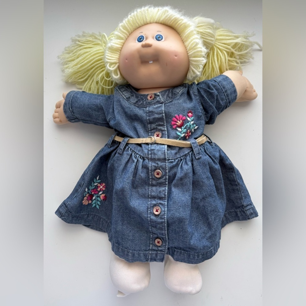 Vintage Cabbage Patch Doll in Denim Dress with Blonde Hair